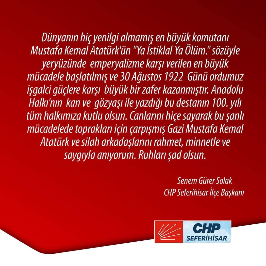 CHP Seferihisar İlçe Başkanı Senem Gürer Solak'tan 30 Ağustos Mesajı 1 FB IMG 1661867586653