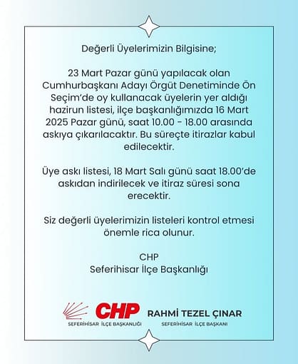 CHP Seferihisar’dan Üyelerine Önemli Duyuru 2 1742211415854