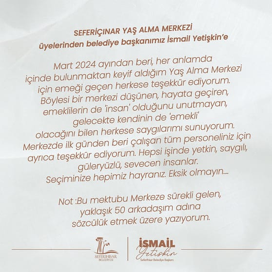 Seferiçınar Yaş Alma Merkezi üyelerinden duygulandıran mesaj 1 mesaj