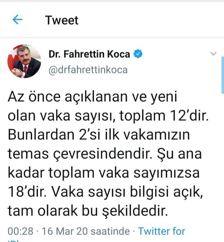 Sağlık Bakanı Koca, Twitter hesabından Coronavirüs sayısını açıkladı 1 20200316 004742 2